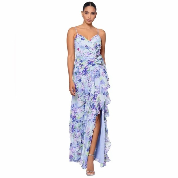 XSCAPE Floral-Print Rosette Ruffled Gown Maxi Dress Pastel colors Size 12 B3123
